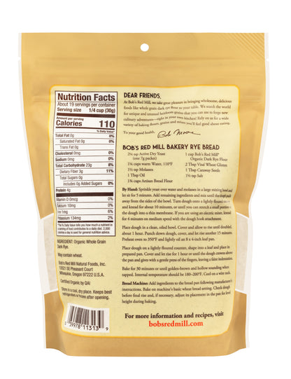 Bob's Red Mill Organic Whole Grain Dark Rye Flour, Non-GMO 567gm Bob's Red Mill