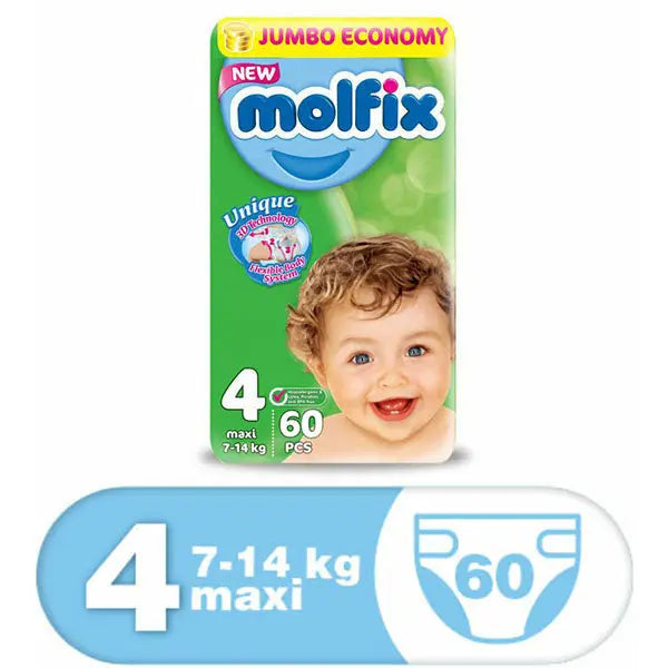 Molfix Anti Leakage Comfortable Baby Diapers (Size 4), 7-14 kg, 60 Count Molfix