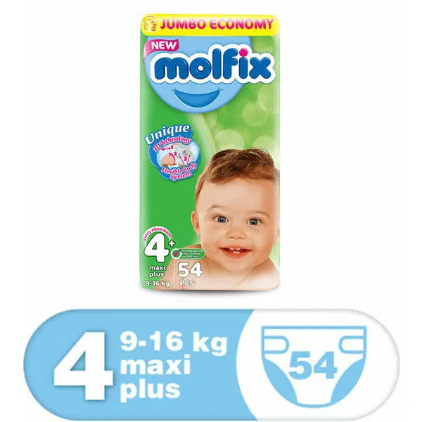 Molfix Anti Leakage Comfortable Baby Diapers (Size 4+), 9-16 kg, 54 Count Molfix