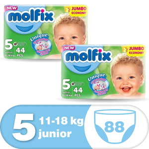 Molfix Anti Leakage Comfortable Baby Diapers (Size 5), 11-18 kg, 44 Count(2 PACKS SPECIAL OFFER) Molfix