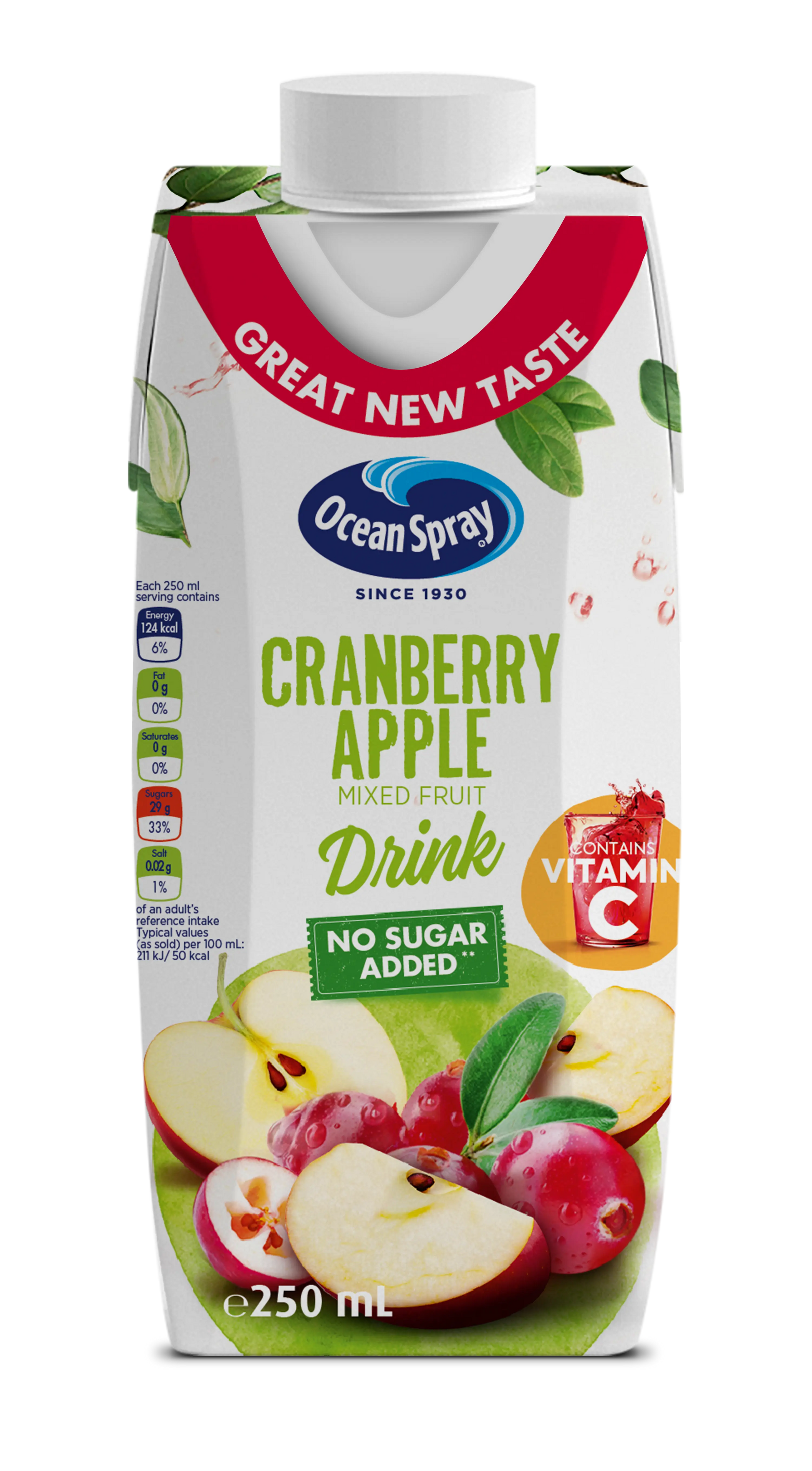 Ocean Spray Cranberry Apple Mixed Fruit Drink No Sugar Added, 250ml ,Contains Vitamin C Ocean Spray