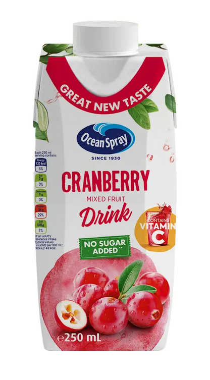 Ocean Spray Cranberry Fruit Drink No Sugar Added, 250ml, Contains Vitamin C Ocean Spray