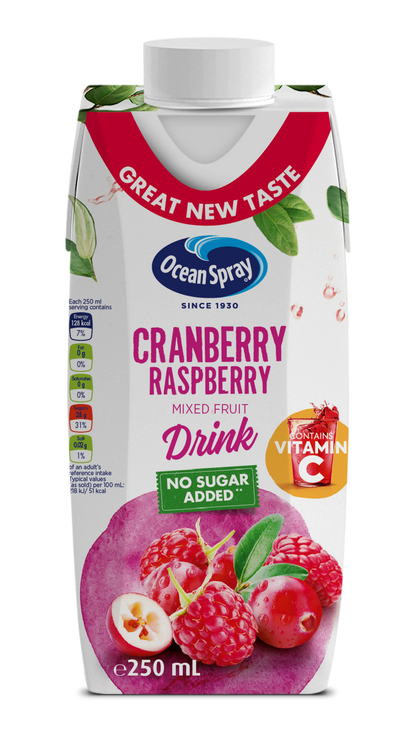 Ocean Spray Cranberry Raspberry Mixed Fruit Drink No Sugar Added, 250ml, Contains Vitamin C Ocean Spray