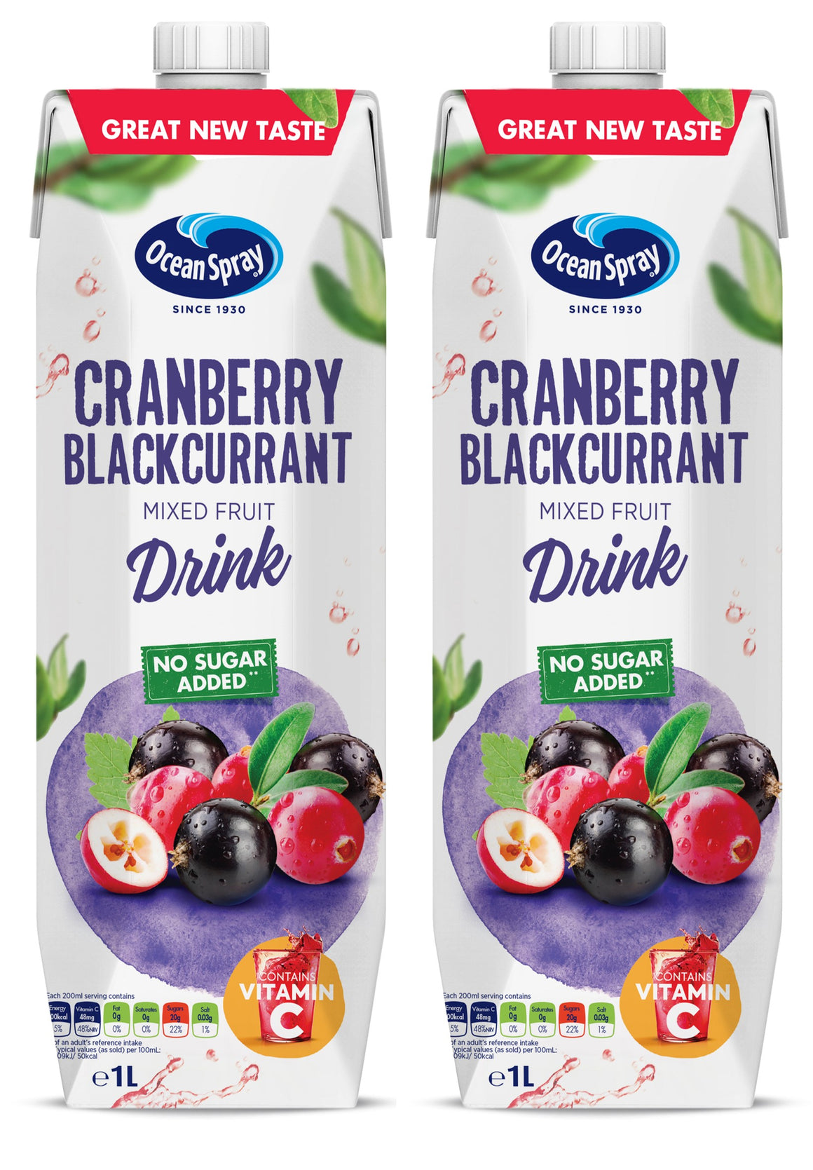Ocean Spray Cranberry And Blackcurrant No Sugar Juice Drink 2 x 1 L