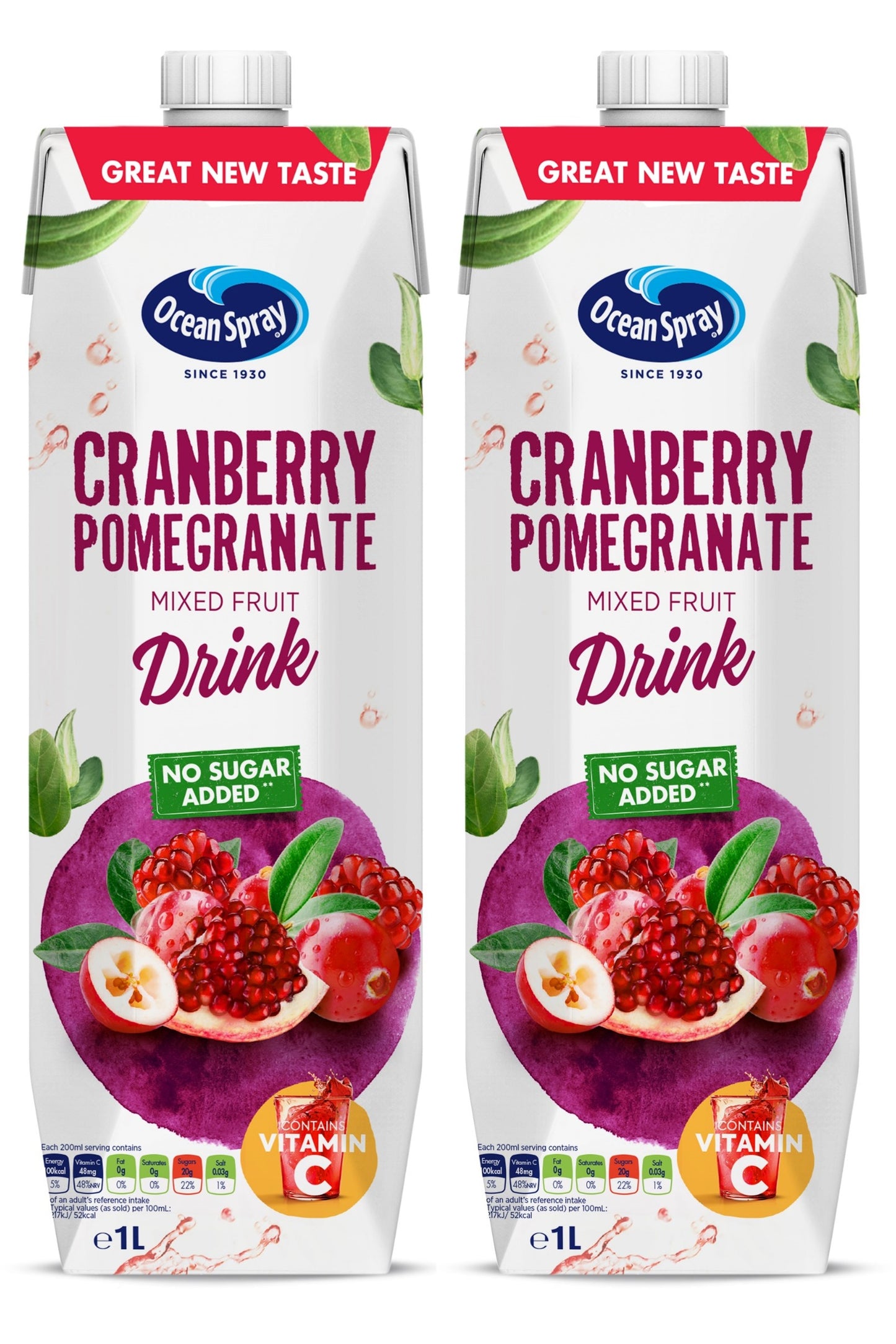 Ocean Spray Cranberry And Pomegranate No Sugar Juice Drink 2 x 1 L