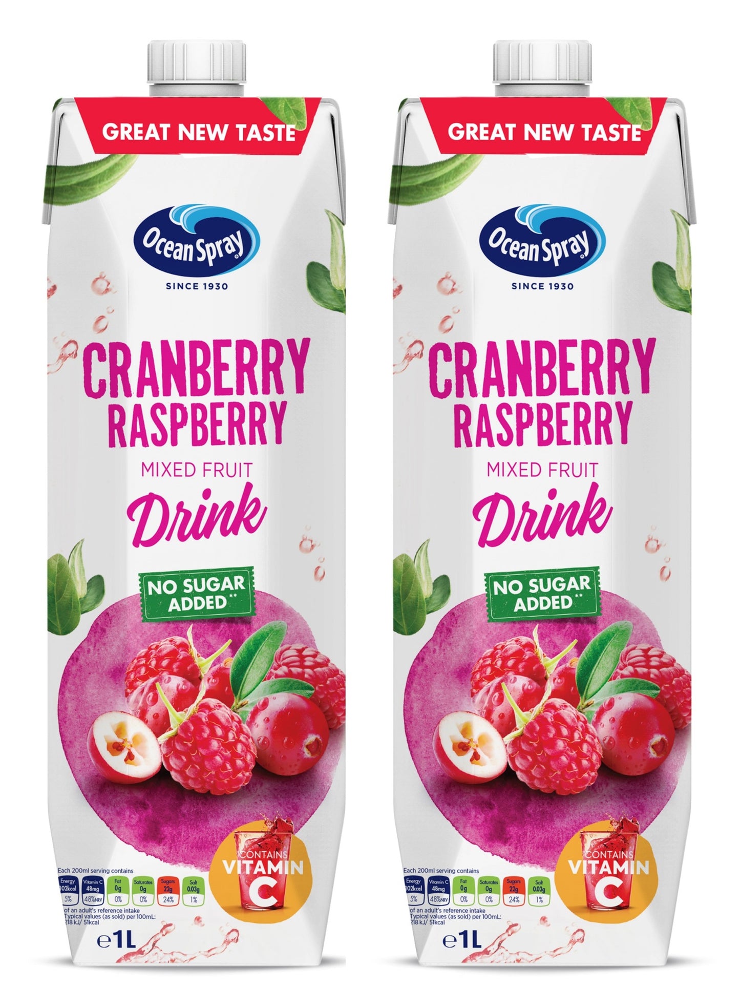 Ocean Spray Cranberry And Raspberry No Sugar Juice Drink 2 x 1 L